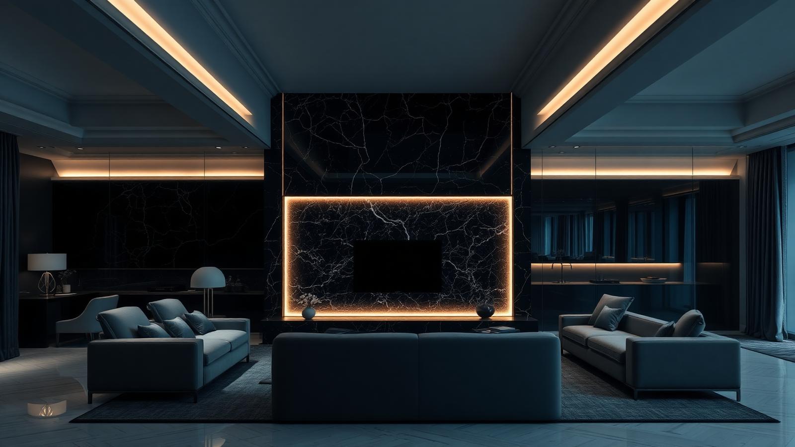 Ambiente sofisticado com parede em mármore iluminada